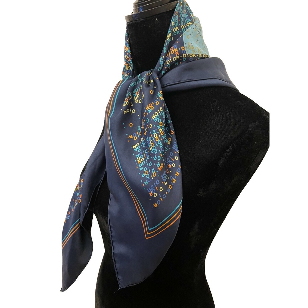 Vintage Christian Dior Womens Square Scarf Navy Blue Retro Monogram Print Silk - Picture 4 of 12